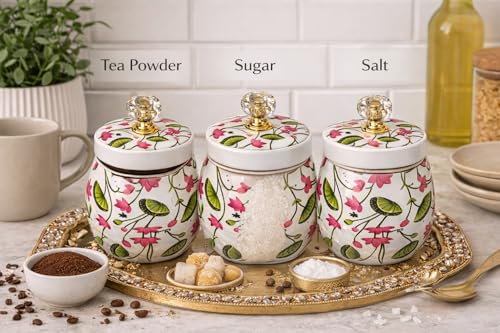 Image of Decorative Flower Printed Pichwai Jars | Metal Storage Jars with Lid | Traditional Indian Art Containers for Sweets, Spices, Pooja & Return Gifting