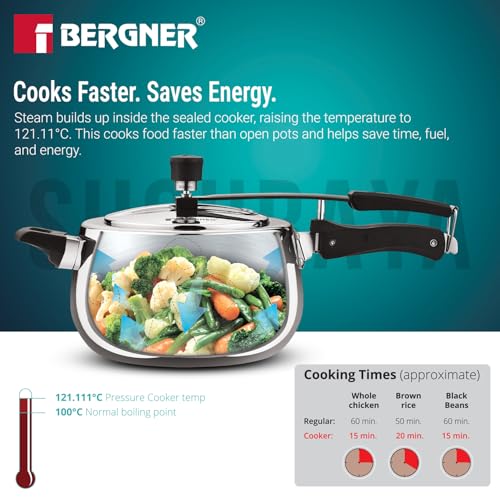 Image of Bergner Shouraya Triply Stainless Steel 5 Litres Inner Lid Pressure Cooker, Belly Shape, Faster and Even Heat Distribution, Healthy Cooking, ISI-Certified - Induction and Gas Stove Ready