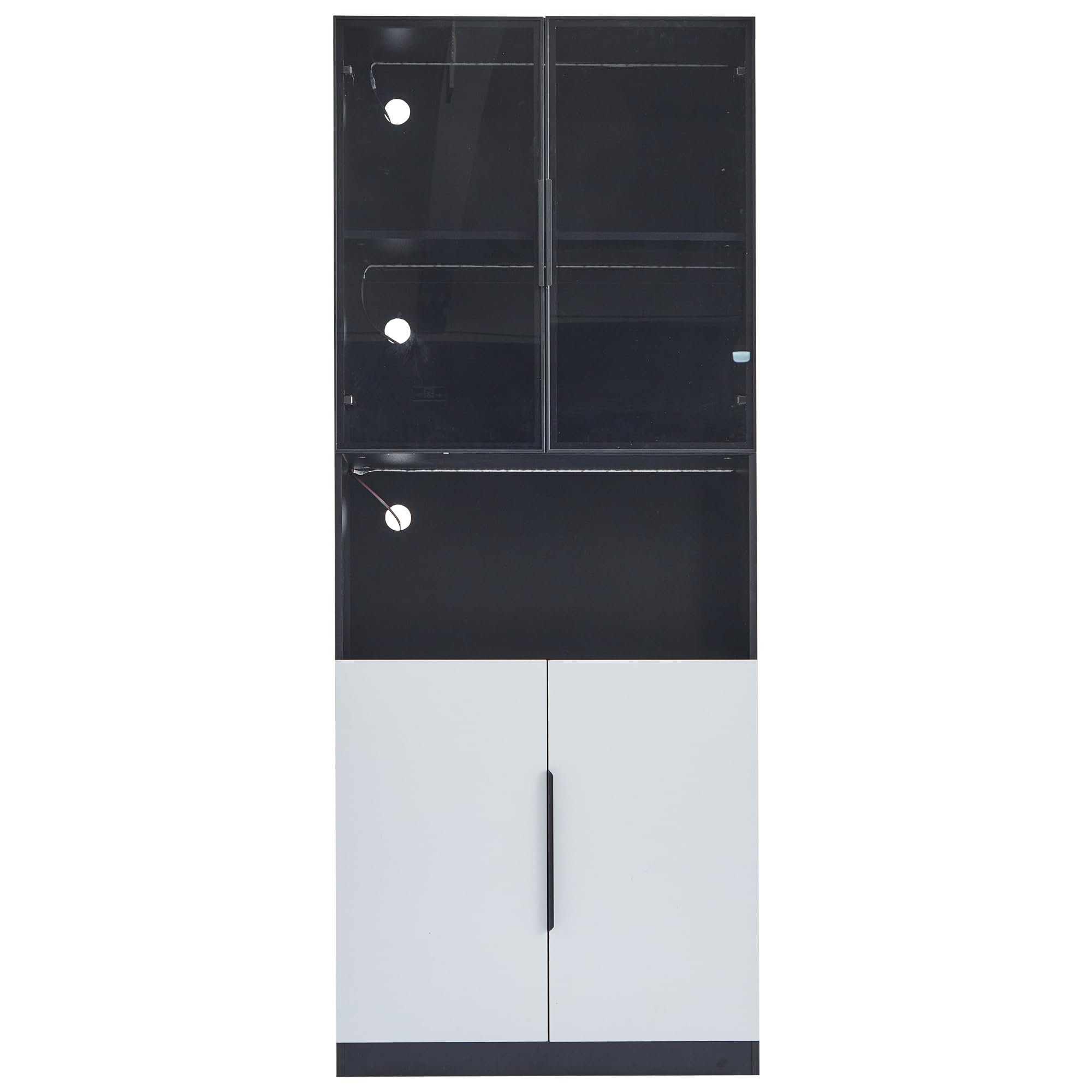 Vitrine mit Glastüren und LED-Licht, Vitrinenschrank Glasvitrine mit 5 Fächer, Highboard Sammlervitrine mit Verstellbare Schotten, Wohnzimmerschrank, Weiß+Schwarz, 80x30x200 cm