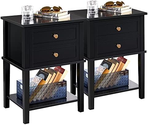 Yaheetech Black Bedside Tables Set of 2, Wooden Nightstand Bedside Cabinet with 2 Drawers and Open Shelf, Side Table End Table Storage Unit for Bedroom/Living Room