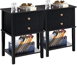 Yaheetech Black Bedside Tables Set of 2, Wooden Nightstand Bedside Cabinet with 2 Drawers and Open Shelf, Side Table End Table Storage Unit for Bedroom/Living Room
