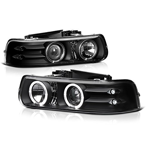 VIPMOTOZ LED Halo Ring Projector Headlight Headlamp Assembly For 2000-2006 Chevy Tahoe Suburban & 1999-2002 Silverado 1500 2500 3500 - Matte Black Housing, Driver and Passenger Side