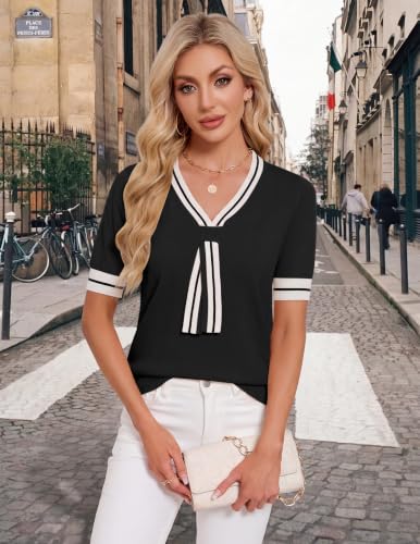 Image of Libsorge Womens Lightweight Cute Bow Tie Sweater Spring 2026 Business Casual Outfits V Neck Short Sleeve Tops