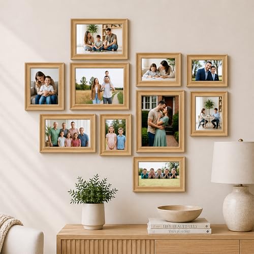 Image of Wooden Collage Photo Frame Set of 10 for Wall Decor | Multi Size Family Picture Frames Gallery Wall Set | Wooden Photo Frames for Living Room, Bedroom, Hallway & Home Decoration (Wood Brown)