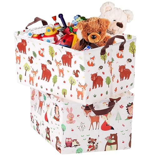 Yoojahow 2 Pack Woodland Rectangular Storage Basket with Handles Toys Storage Box Bin Collapsible Canvas Toys Organizer Bin Gift Baskets for Books Laundry Room Decor