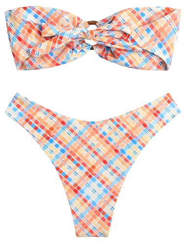 Image of ZAFUL Women's Bandeau Bikini O Ring Strapless Tie Back High Cut Two Piece Swimsuit Bathing Suits