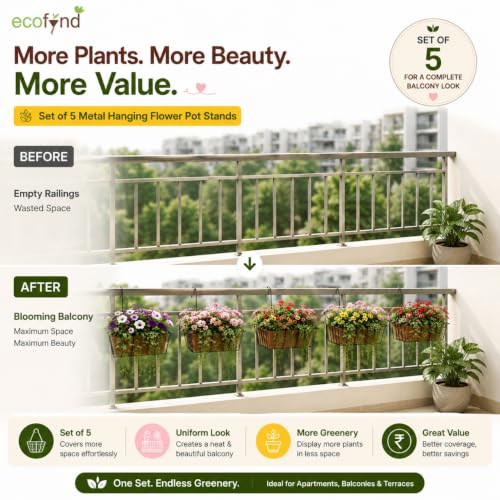 Image of ecofynd 5 Pack 16 Inches Metal Hanging Flower Pot Stand For Railing Planters, Gamla Stand Pot Holder for Balcony Decoration Items Outdoor, Plant Stands for Balcony, Flower Pot Stand Indoor (PS054-BLK)