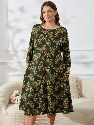 Image of AusLook Women's Plus Midi Dresses Crew Neck A Line 3 /4 Sleeves Casual Elegant Loose Wedding Vacation Dress with Pockets