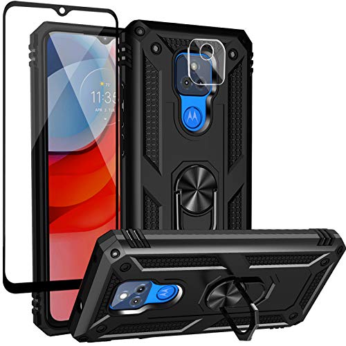 Dretal for Motorola Moto G Play 2021 Case with Tempered Glass Screen Protector and Camera Screen Protector, Military Grade Shockproof Protective Case Cover with Rotating Holder Kickstand (JS-Black)