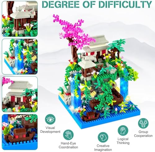 Image of SKY LINE OCEAN Cherry Blossom Tree Building Set (1435 PCS) - Japanese Sakura House Architecture with LED Lights, Micro Bonsai Building Blocks, Creative Construction Gift for Adults & Kids (14+ Years)