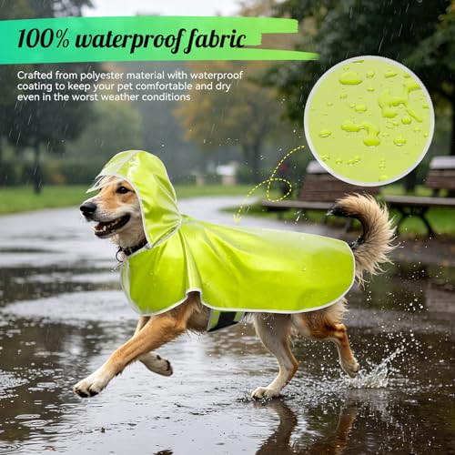 BSEEN Waterproof Hooded Dog Raincoat - Lightweight Reflective Dog Rain Jacket Poncho with Harness Hole for Small Dogs, Ideal for Walking Outdoor in Rainy Weather (Neon Green, Medium) — view 5