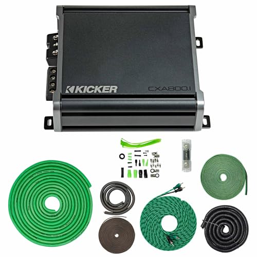Kicker 46CXA8001 800W CX Series Mono Class D Subwoofer Amplifier + SoundBox 4 Gauge Amp Kit Bundle Complete AWG Wiring OneOhm Stable Variable 12dB Crossover 5000W
