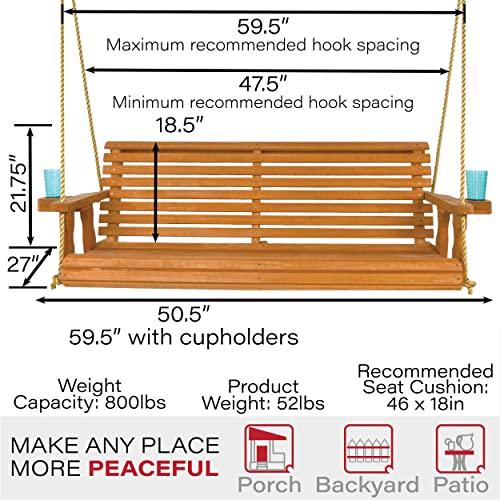 Amish Casual Heavy Duty 800 Lb Roll Back Treated Porch Swing with Hanging Ropes and Cupholders (4 Foot, Cedar Stain) - Thumbnail 6