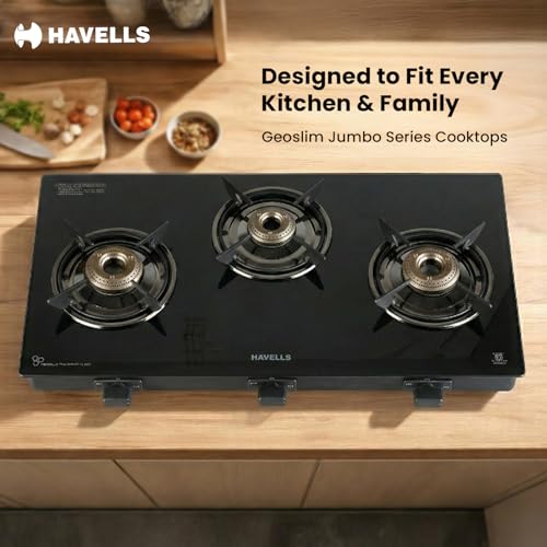 Image of Havells GEOSLIM JUMBO Gas stove |3 Heavy Duty Forged Brass Burner|6 mm Toughened Glass|Premium Valves|Removable Drip Tray|Soft Touch Knobs|5 year Warranty on Burners, Glass & Valves by Havells (Black)