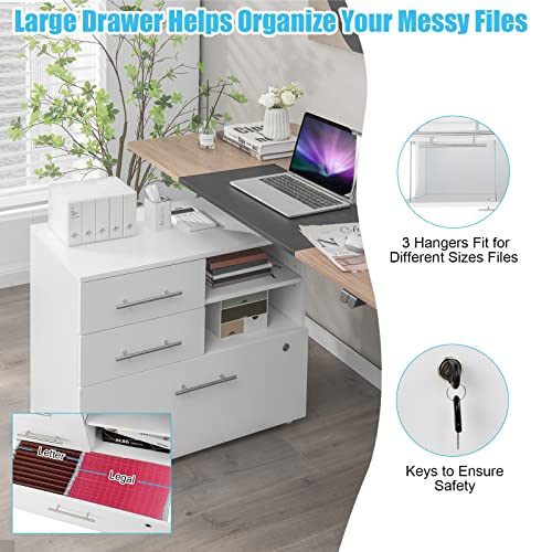 Giantex 3-Drawer Lateral File Cabinet - Under Desk Printer Stand With Storage Shelves, Hanging Bar For Legal/Letter Size Files, Lockable Filing Cabinet For Home Office Organization (White) #TOP3