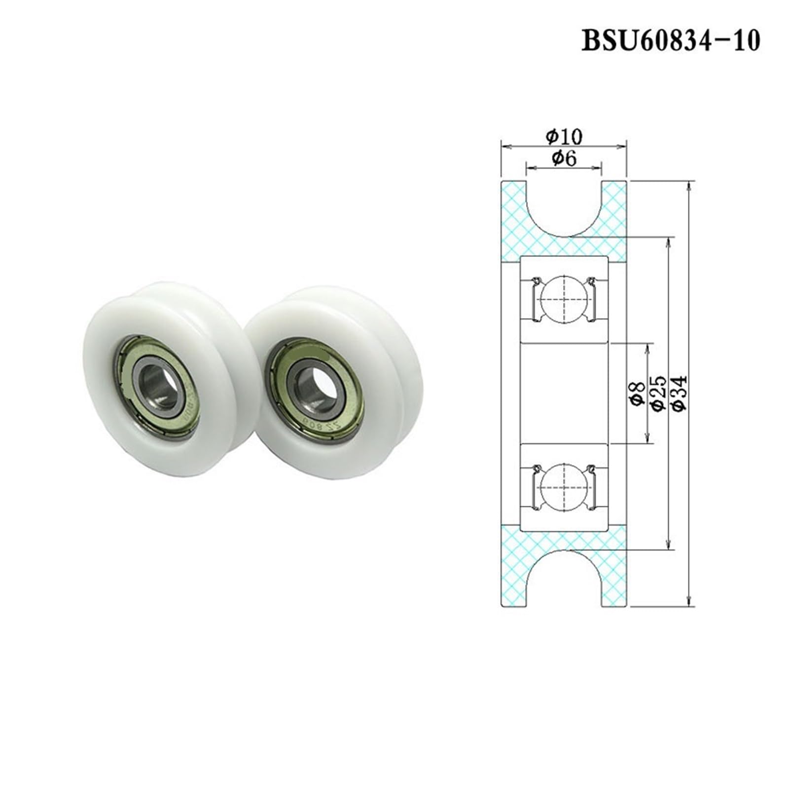 Rolka POM 8 x 34 x 10 koło pasowe U BSU60834-10 powlekane tworzywem sztucznym łożysko 608ZZ do drzwi, okien, prysznica, szuflady, koła pasowego 8 x 34 x 10