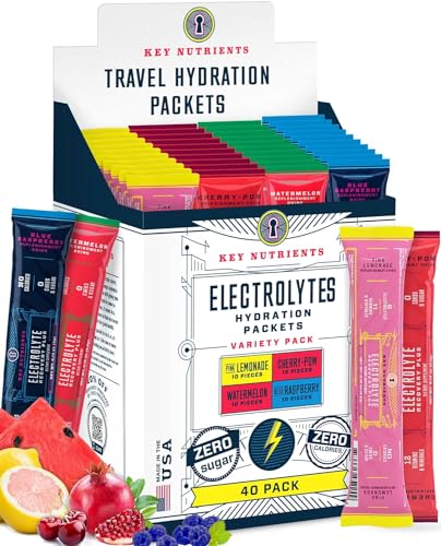 KEY NUTRIENTS Electrolytes Powder Packets No Sugar - 4 Delicious Flavors in Hydration Packets 40 Pack - No Calories, Gluten Free Electrolytes Powder Packets - Keto Friendly, Non GMO, Made in USA