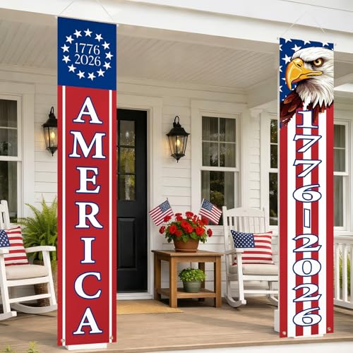 4th of July Decorations Outdoor, Patriotic Porch Banner for Front Door, American Flag Independence Day Decor, USA 250th Anniversary Banner 1776-2026 Hanging Porch Signs, 2 Pack