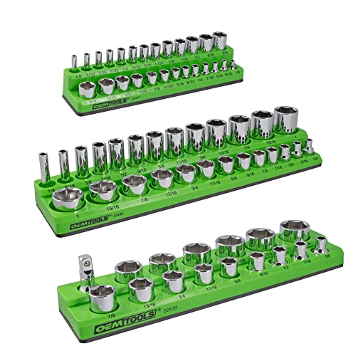 OEMTOOLS 22485 3 Piece SAE Magnetic Socket Organizers, Socket Organizers for Toolboxes, Socket Organizer, Magnetic Socket Holder, Green Tool Box Organizer