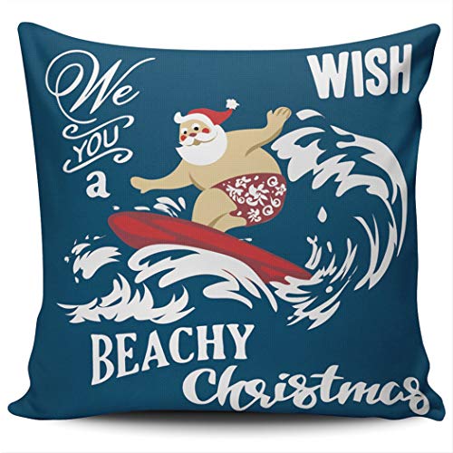 Healbrighting Christmas Santa Claus Standing on The Beach Surfing Cheerful Pillow Covers Home Decorative Pillowcase Square 16 x 16 Inch Throw Pillow Cases Double Sides Pattern