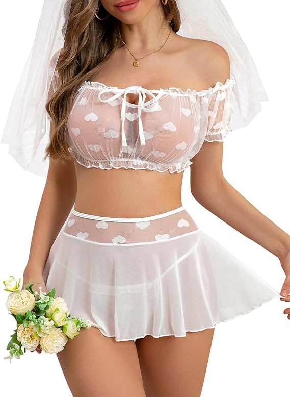 Lingerie Heart Skirt for Women Sexy Mini Skirt Set Sheer Babydoll Dress Mesh Bralette Bra and Panty, Bridal Dress, Honeymoon Dress, Valentine Gift-image-18
