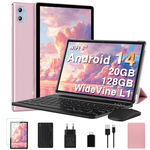 DEERTiME Tablet 10 Pulgadas Android 14 con 20GB RAM+128GB ROM/TF Ampliable a 2TB, Octa Core, 5G WiFi 6 | Widevine L1 | BT5.0 | | 8MP+5MP | Type C | GMS Tablet PC con Teclado, Funda y Ratón- Oro Rosa