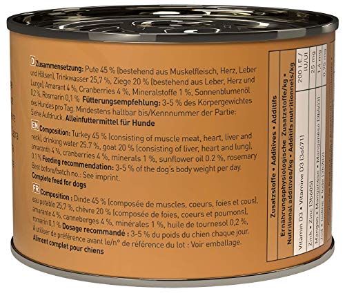 dogz finefood Hundefutter nass - N° 8 Pute & Ziege - Feinkost Nassfutter für Hunde & Welpen - getreidefrei & zuckerfrei - hoher Fleischanteil, 6 x 200 g Dose