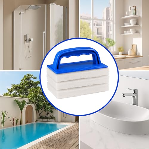 Image of 6 Pcs Hand Scrubber, Bathtub Scrubber with Handle, Non-Scratch Bathroom Scrubbing Pads for Cleaning Shower Tile Bathtube Sink Swimming Pool Step & Corner (Blue)
