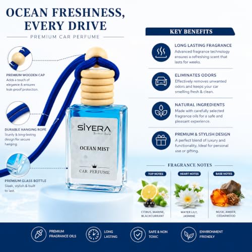 Image of SiYERA Premium Car Perfume Hanging Pod | 10ML | Ocean Mist Fragrance Car Air Freshener | Natural Essential Oils in Glass Bottle with Wooden Diffuser Lid | Lasts Up to 45 Days