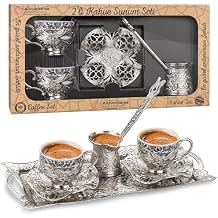 Alisveristime Turkish Coffee Set for Two, 2 Topkapi Design Porcelain Cups with Zamac Holders and Saucers, Metal Tray, Lale Motif Zamac Coffee Pot Topkapi-Design Silver