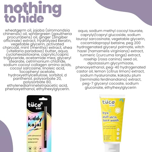 Image of Tuco Kids Face Wash and Kiddy Kajal | Combo Pack of 2 | Brightens Dull Skin | Turmeric & Kakadu Plum | pH Balanced Tear-Free | Ages 2-5, 4-10, 10-15, 5-10 Years | Paraben & Sulphate Free