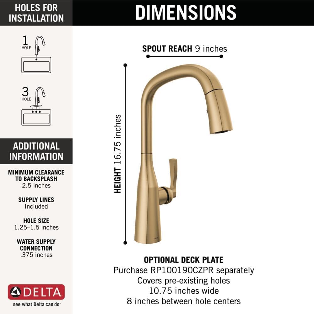 Delta Faucet Stryke Gold Kitchen Faucet, Kitchen Faucets with Pull Down Sprayer, Kitchen Sink Faucet, Gold Faucet for Kitchen Sink with Magnetic Docking, Lumicoat Champagne Bronze 9176-CZ-PR-DST