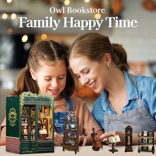 Fsolis Book Nook Kit, DIY Miniature House Kit for Adults Tiny House Mini Bookshelf Diorama Building Kit 3D Wooden Puzzle for Adults Bookish Gifts for Women Book Lovers Readers (OWL Bookstore) - 4