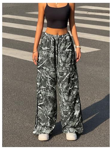OYOANGLE Women's Camo Cargo Pants Drawstring Waist Side Striped Baggy Wide Leg Trousers Streetwear4