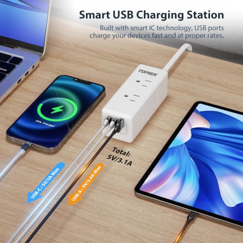 2 Prong Power Strip, TOPREK 2 Prong to 3 Prong Outlet Adapter, 1440J 2 Prong Surge Protector with 6 Outlets & 3 USB, 5FT 2 Prong Extension Cord with Swiveling Flat Plug, Ideal for Non-Grounded Outlet - image 4
