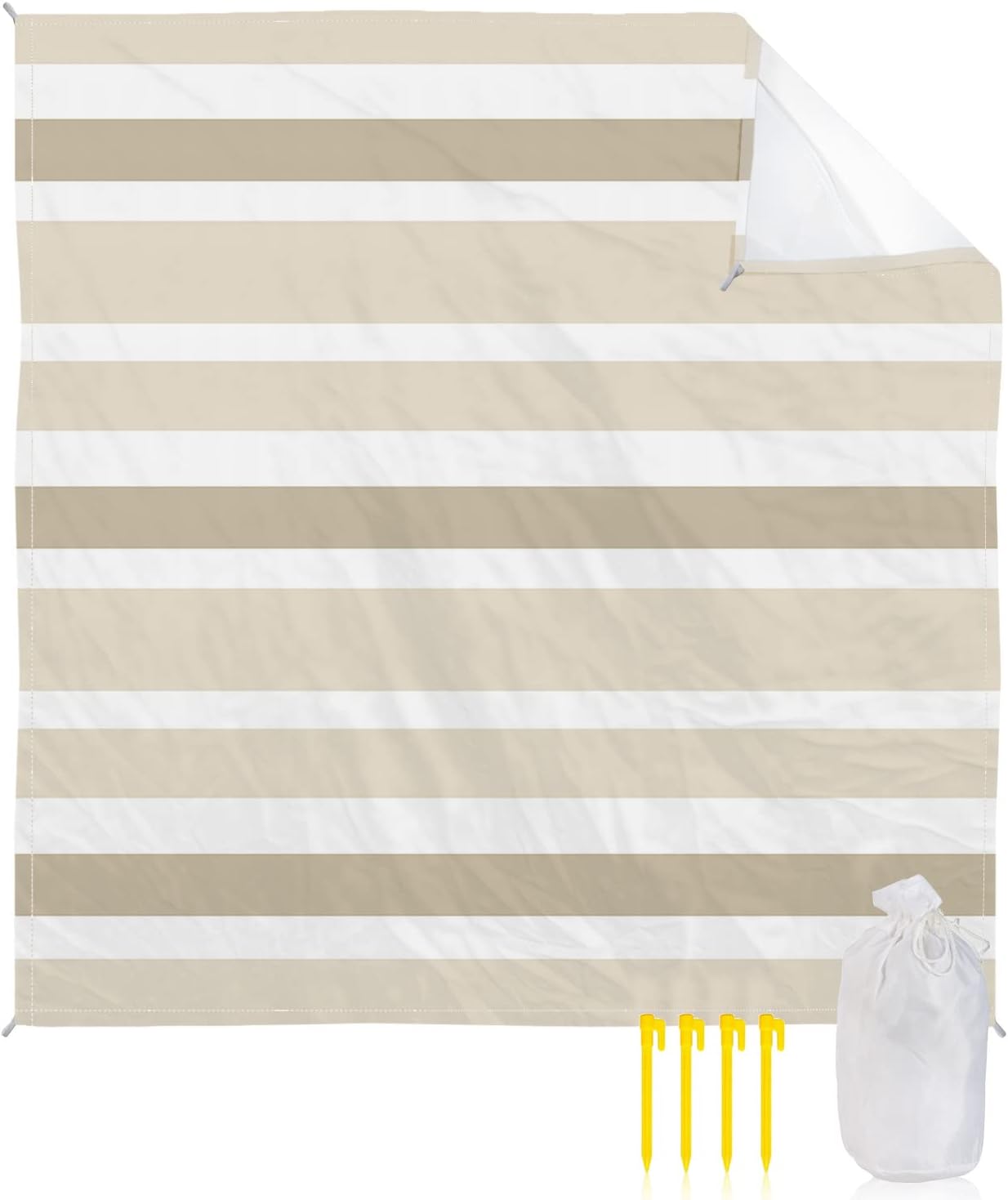 Minimalist Stripes Beach Blanket Waterproof Sandproof Outdoor Picnic Mat 108"x84" Khaki Beige White Striped Lightweight Large Beaach Blankets with 4 Stake & 4 Corner Pockets