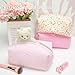 Cozy Makeup Bag Travel Cosmetic Bag for Women Soft Toiletry Bag Aesthetic Makeup Organizer Portable Large Zipper Pouch for Skincare Beauty Accessories Brushes Stripe Pink