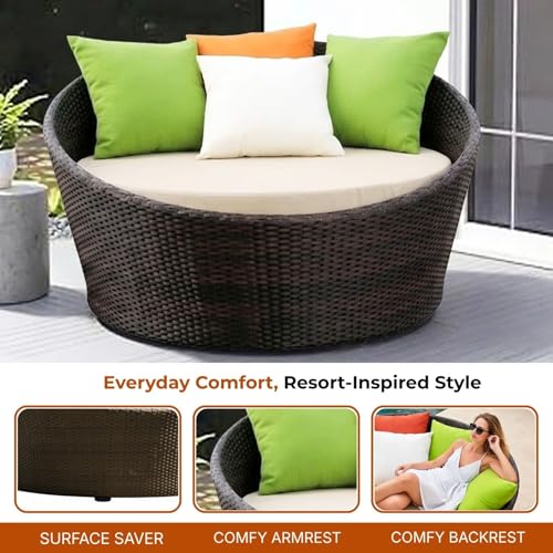 Image of DEVOKO Outdoor Pool Side, Garden, Balcony, Porch, Backyard, Terrace, Patio, Beach Round Sofa Wicker and Rattan Daybed Furniture Set (Darkbrown and Cream)
