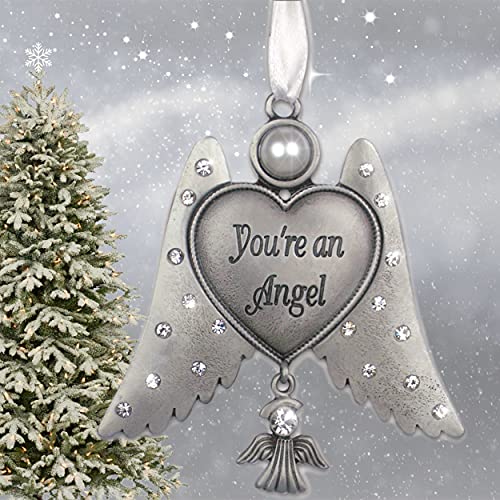 BANBERRY DESIGNS Guardian Angel Christmas Ornament - Angel Wings with Sparkling Jewels and a Pearl - You're an Angel Engraved on Heart and a Hanging Angel