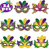24PCS Mardi Gras Felt Mask DIY Kit: This complete set includes 24 pre-cut felt masks with pre-attached elastic cords in 8 unique mardi gras designs (3 of each style), 6 sheets of felt stickers - everything ready for crafting fun Bulk Party Supplies f...