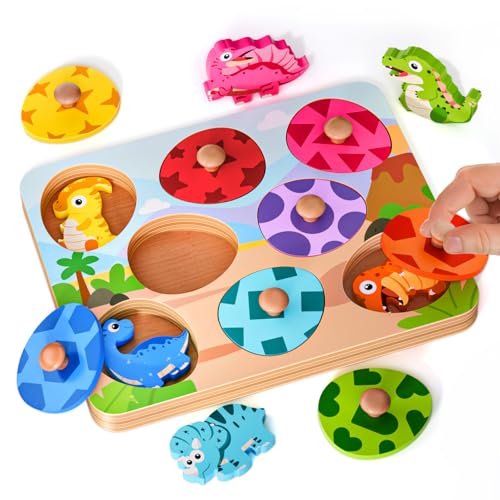 Image of EDUJOY Wooden Puzzles for Toddlers 1-3, Montessori Toys for 1 2 Year Old Boy Easter Gifts, Dinosaur Matching Eggs Peg Puzzles for Toddlers Age 2-4, Preschool Learning Activities for Girls
