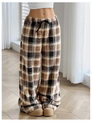 OYOANGLE Women's Plaid Fuzzy Pants Elastic Waist Loose Fit Wide Leg Cozy Lounge Trousers2