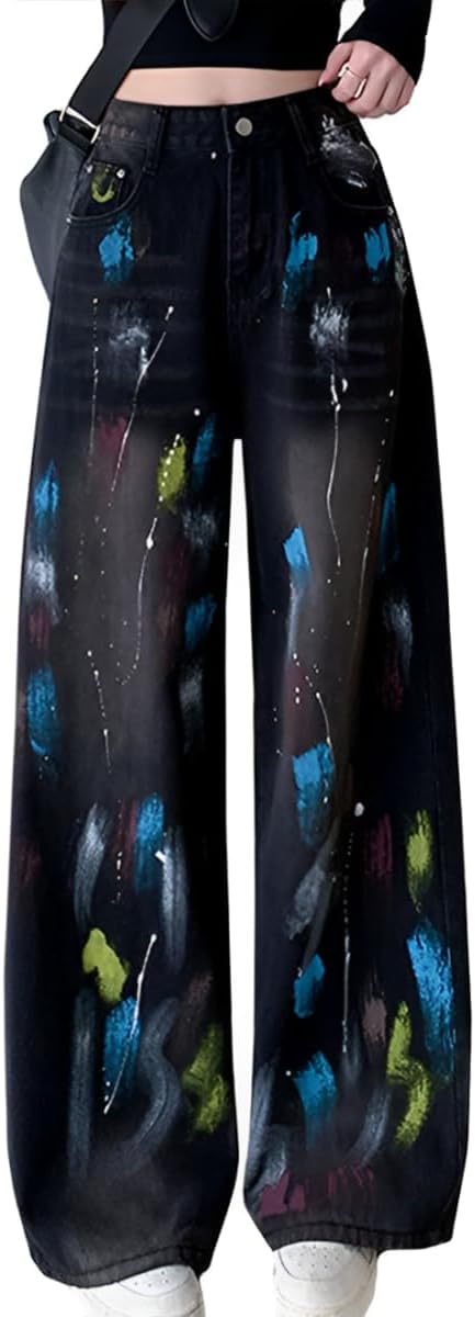 Y2K Harajuku High Waisted Straight Leg Jeans Woman Fashion Streetwear Colorful Graffiti Denim Pants