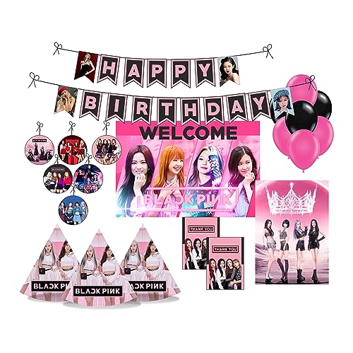 Image of PRETTY UR PARTY BlackPink Party Decorations Kit-80 pcs Include Bunting, Poster, Balloons, Thank You, Centerpiece, Danglers Caps, Party Supplies, K-Pop Birthday Decor, DIY Bday Decoration for Kids