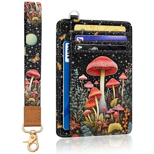 Image of Yonlevres Mushroom Credit Card Holder Slim RFID Wallet Women Wristlet Small | Front Pocket, Handy, RFID Blocking, Woman Girls Ladies Gifts, D-ring for Keychain,Thin Mini Card Case, ID Window, PU Leather