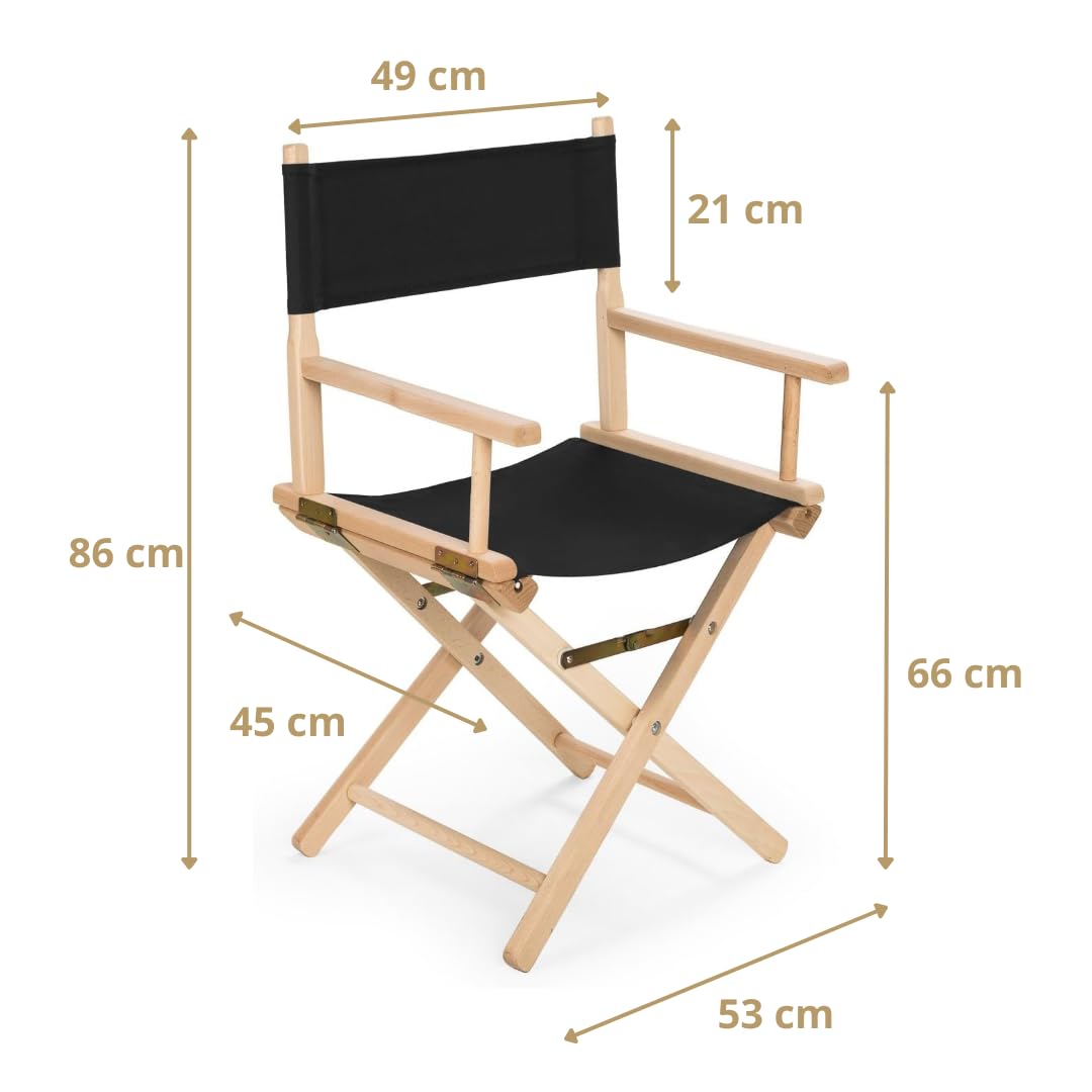 Klappbarer Regiestuhl aus Buchenholz – Regiesessel mit Rückenlehne & schwarzem Bezug, ergonomisch & platzsparend, Holzstuhl bis 120 kg, für Balkon, Garten, Camping, Innen & Außen