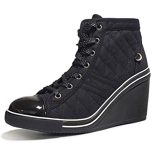 epdavin Women's Casual Canvas High Top High Heel Wedges Quilted Lace Up Sneakers2
