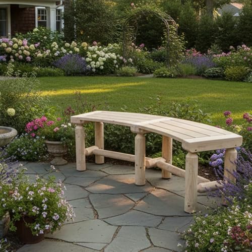 Kdgarden Curved Fire Pit Bench - Solid Wood Backless Outdoor Seat for Patio, Garden, Deck & Tree Surround, Rustic Log Style Circular Seating 40'-55' W×14' D×16.5' H, Natural Finish