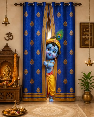 Image of Bal Krishna Digital Print Eyelet Curtain| 7Ft 1pc| Home Temple Decor