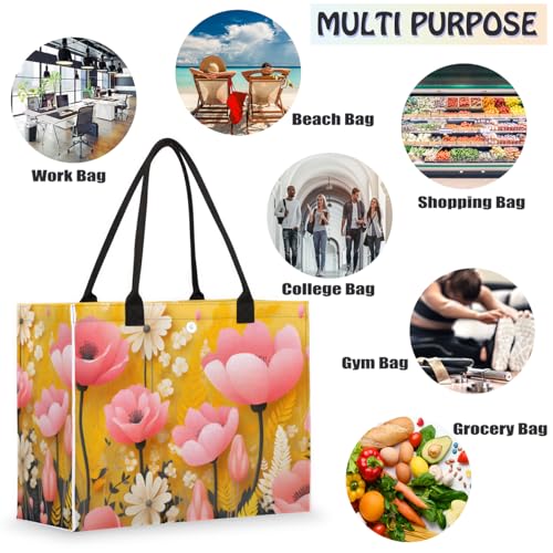 Pink Flower Yellow Plants Tote Bag for Women Large Beach Bag Reusable Tote Bags for Work Travel Beach Shopping 5